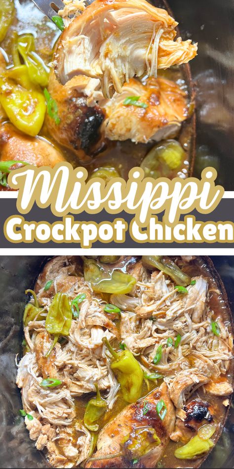 Mississippi Crockpot Chicken is a simple crock pot recipes with just five simple ingredients, and makes flavorful, tender chicken that can be served in wraps, on salads, on sandwiches or in sliders!  These juicy chicken breasts shred perfectly into a zesty sauce, making a delicious, hearty summer crockpot meal. Here is a mouthwatering slow cooker chicken dish. This is bound to delight the whole family. Flavorful Crockpot Chicken, Crockpot Chicken Sandwiches Slow Cooker, Ms Chicken Crockpot, Chicken Mississippi Pot Roast, 7up Chicken Crockpot, Chicken Football Recipes, Crockpot Sandwiches Recipes, Crock Pot Chicken And Peppers, Crowd Pleasing Crockpot Recipes