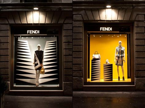 Unique Mannequin, Fendi Shop, Store Interior Design, Window Display Retail, Fendi Store, Visual Merchandising Displays, Window Display Design, Shop Front Signage, Retail Windows