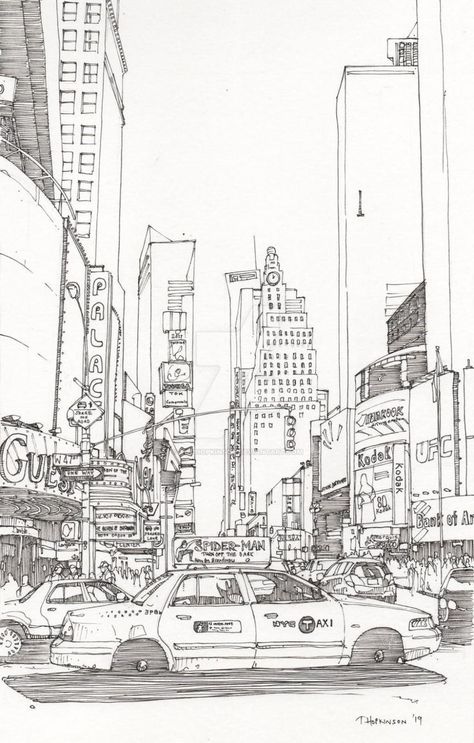 Times Square Drawing, City Landscape Drawing, New York City Drawing, New York Sketch, Nyc Drawing, New York Drawing, New York Times Square, Square Drawing, Cityscape Drawing