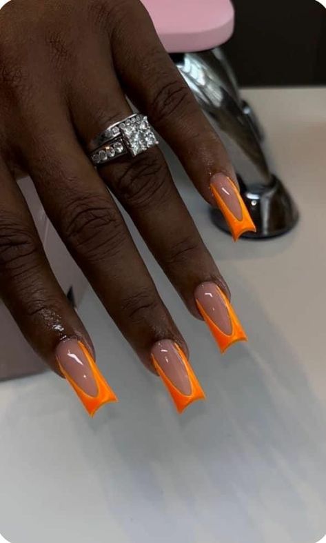 Medium Orange Nails, Orange And Cream Nails, Medium Long Acrylic Nails Square, Orange Nails Black Women, French Orange Nails, Short Orange Nail Designs, Medium Nails Acrylic Designs, Short Orange Acrylic Nails, Orange Birthday Nails