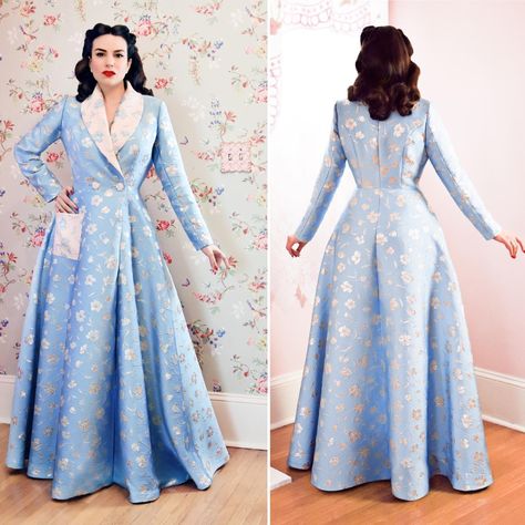 Full length views of our new Rose Dressing Gown! This is our latest Patreon exclusive project, an expansion on the Charm Patterns Princess… | Instagram Types Of Dresses Styles, Elegant Cotton Dress, Dressing Gown Pattern, 60s Vintage Fashion, Pretty Robes, Princess Coat, Feminine Wardrobe, Sweetheart Prom Dress, Woman Suit Fashion