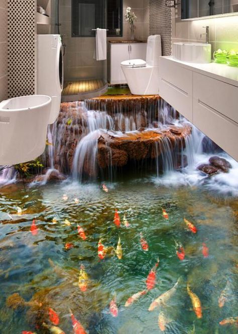 3D Waterfall Fish Pond Floor Mural | AJ Wallpaper 3d Floor Art, Stone Floor Bathroom, 3d Floor Painting, Epoxy Floor 3d, 3d Flooring, Floor Murals, Wall Stickers Wallpaper, Floor Wallpaper, Stone Bathroom