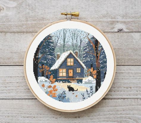 Winter Cottage Cross Stitch Pattern, Forest Cross Stitch PDF, Digital Download PDF, Modern Cross Stitch, Cat Cross Stitch Embroidery DIY P91 by CrossStitchBay on Etsy Cozy Cross Stitch, Cottage Cross Stitch, Forest Cross Stitch, Cross Stitch Cat, Winter Cottage, Embroidery Diy, Winter Cross Stitch, Cat Cross Stitch Pattern, Cat Cross Stitch