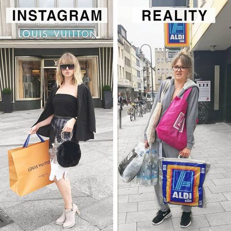 Geraldine West, a German artist, decided to showcase how fake and phony Instagram infuencers are by showing side-by-side reality vs. Instagram. Insta Vs Reality, Fat Humor, Instagram Vs Real Life, Blonde Jokes, Funny Text Fails, Expectation Vs Reality, Girl Problems, Funny Bunnies, Photo Series