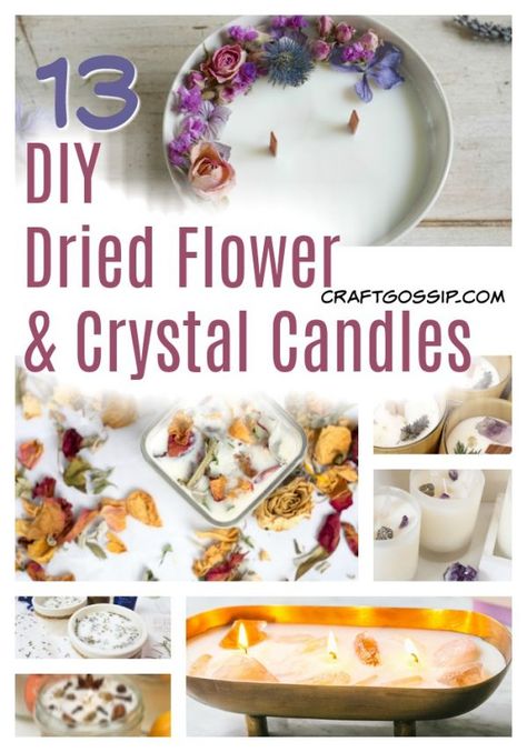 Make Your Own Loaded Dried Flower and Crystal Candles Candle Topping Ideas, Crystals For Candles, How To Make Candles With Crystals, Diy Candle With Crystals, Making Candles With Dried Flowers, Candle Making With Flowers, Unique Diy Candle Ideas, Candles In Shells, Crystals In Candles