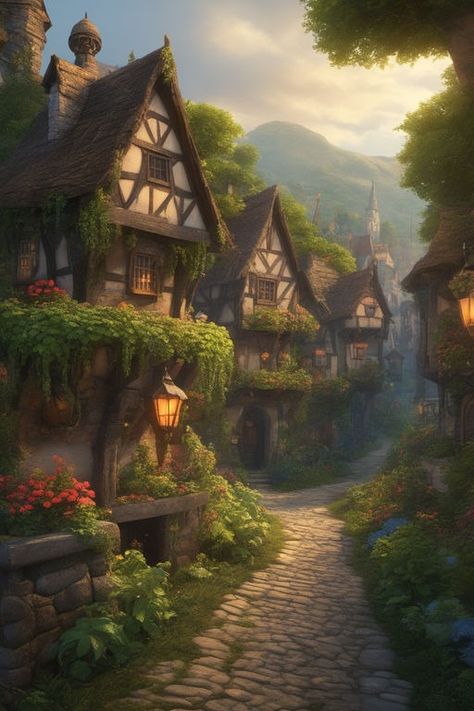 Colorful medieval eclectic fantasy village with overgrown pl... by Andrew Weston - Playground Fantasy Village, Minecraft Medieval, Minecraft Inspo, Fantasy Homes, Medieval Fantasy, Create Art, Image Generator, Social Media Posts, Fantasy Books