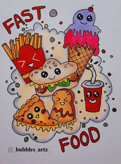 Doodle Art Of Food, Fast Food Art Drawing, Mandala Art Of Food, Fast Food Doodle Art, Doodle Drawings Food, Food Art Painting Easy, Fast Food Drawing Easy, Favourite Food Drawing, Doodle Art Drawing Cute Food