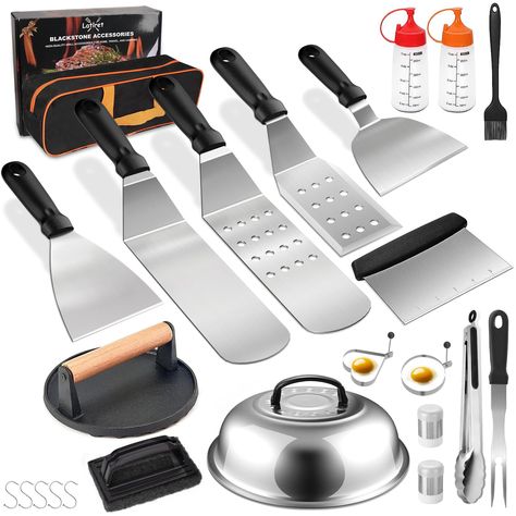 PRICES MAY VARY. 【Perfect 24Pcs BBQ Accessories】This blackstone griddle accessories kit includes: 1* long griddle spatula, 1* slotted spatula, 1* cast iron hamburg press, 1*burger flipper, 1* slant edge scraper, 1* meat fork, 1* basting cover, 1* tongs,1* 3-Sided Bevel & Griddle Spatula, 2* squeeze bottles, 1* chopper, 5* S-shaped hook, 2* egg rings, 1* cleaning brush, 2* spice shakers, 1* sauce brush, 1* storage bag, 1* gift box. 【Food Grade Material】The grilling accessories are made of high qu Blackstone Accessories, Camping Griddle, Griddle Accessories, Parrilla Exterior, Stainless Steel Griddle, Grilling Accessories, Bbq Tool Set, Egg Rings, Grilling Utensils