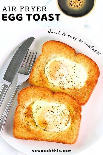 Air Fryer Egg Toast is the ultimate quick and easy breakfast! The toast is golden brown and crisp, the egg whites are set, and you can adjust the cooking time to make the yolks just how you like them. Ready in minutes, air fryer egg on toast is perfect for busy mornings and is a recipe that you'll come back to again and again. A must-try! Air Fryer Eggs And Toast, Toaster Oven Eggs, Air Fryer Egg Toast, Egg Toast Air Fryer, Cuisinart Air Fryer Toaster Oven Recipes, Eggs Air Fryer, Air Fryer Eggs, Eggs In Oven, Egg On Toast