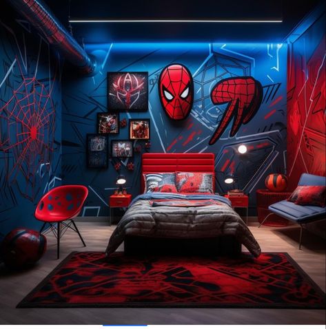 Spider Man Room, Spiderman Room Ideas, Design A Superhero, Spiderman Bedroom, Blue And Gold Bedroom, Man Bedroom, Spiderman Room, Marvel Room, Amazing Bedroom Designs