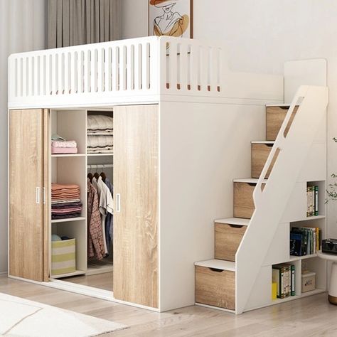 Loft Bed Ideas Low Ceiling, High Bed Storage Underneath, Lofted Bed With Closet Underneath, Walk In Closet Under Bed, Bunk Bed Designs For Small Rooms, Loft Bunk Bed Ideas For Small Rooms, Upper Bed Ideas, Wardrobe Under Bed, Loft Bed Closet