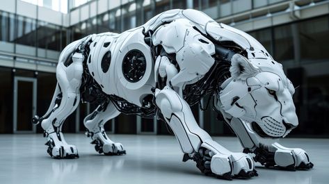 White robotic cyber lion Robo Animals, Robotic Engineer, Futuristic Animals, Robot Lizard, Robotic Animals Concept, Robot Tiger, Robot Creature, Robotic Animals, Robotic Dog Concept