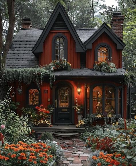 Victorian Cabin, Red House Exterior, Gothic Cottage, Witchy House, Whimsical Cottage, Fairytale House, Log Cabin Rustic, Cabin Exterior, Cottage Exterior