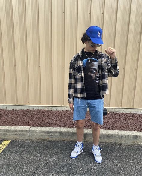 Aj 4 Outfit, Jordan 4 Outfit Men Shorts, Mens Jordan 3 Outfit, Jordan 4 Summer Outfit Men, Jordan 4 Motorsport Outfit Men, Flannel And Jorts Men, Industrial Blue Jordan 4 Outfit, How To Style Jorts Men, Jordan 4 Military Blue Outfit Men