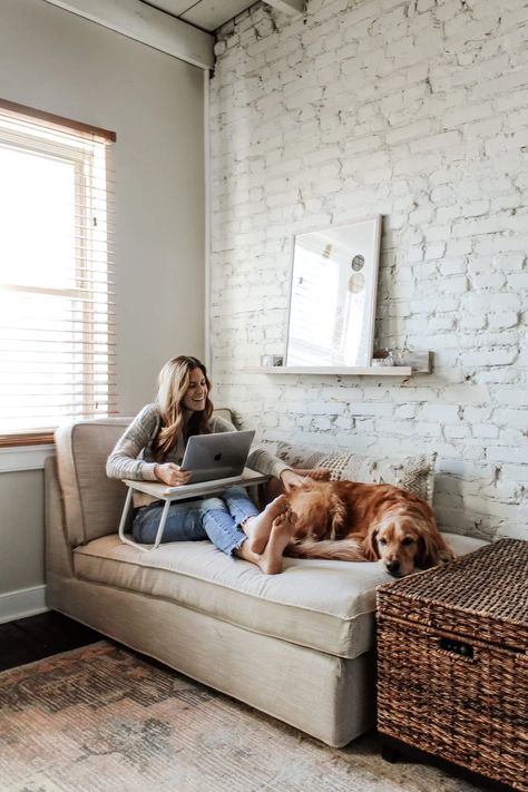 Work From Couch Setup, Office Meditation Room Combo, Small Office With Couch And Desk, Couch In Office, Office With Couch And Desk, Office With Couch, Remote Work Office, Home Office With Couch, Receiving Room