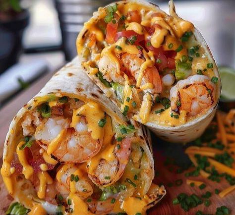 Lobster Burrito Recipe, Easy Shrimp Burrito, Steak And Shrimp Burrito Recipe, Old Bay Shrimp Burritos, Seafood Burrito Recipe, Shrimp Wraps Recipes, Shrimp Quesadilla Recipes, Nachos Shrimp, Seafood Burrito