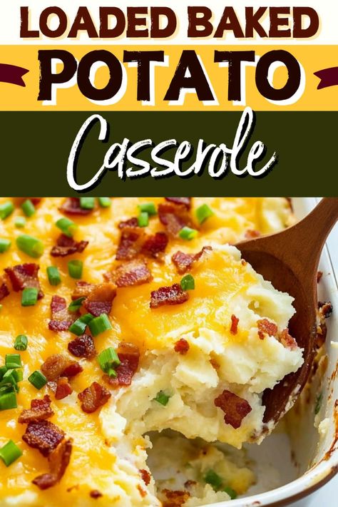 This loaded baked potato casserole is the ultimate side dish! With creamy potatoes, bacon, plenty of cheese, green onions, and sour cream, it's impossible to resist. Loaded Baked Potato Bake, Bake Potato Casserole Loaded, Crock Pot Twice Baked Potato Casserole, Loaded Twice Baked Potatoes Casserole, Potato Bacon Cheese Casserole, Cream Cheese Potatoes Bake, Best Potato Casserole Recipes, Cream Cheese Potato Casserole, Easy Thanksgiving Potato Recipes