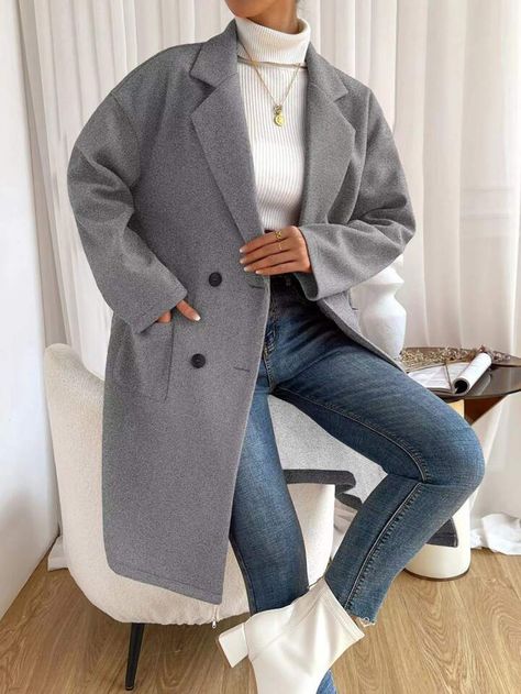 SHEIN EZwear Lapel Neck Drop Shoulder Double Breasted Dual Pocket Overcoat | SHEIN UK Grey Coat Women Outfit, Grey Coats Outfit, Gray Overcoat Outfit Women, Outfits With Grey Coat, Short Grey Coat Outfit, Outfit Manteau Gris, Grey Overcoat Outfit Women, Coat Grey Outfit, Grey Coat Outfits For Women