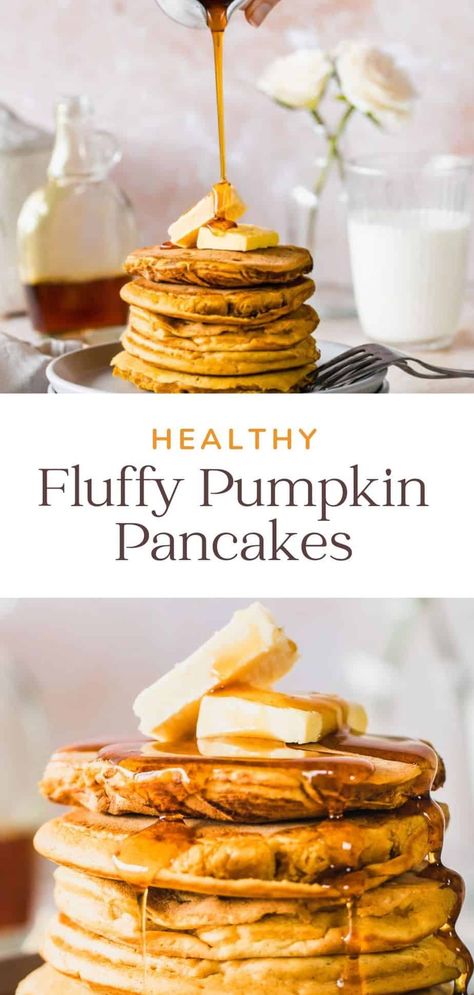 The most delicious Healthy Fluffy Pumpkin Pancakes recipe. The perfect fall breakfast or dessert. Gluten-free and vegan alternatives available. #pumpkin #fall #vegan #breakfast #pancakes Vegan Pumpkin Pancakes, Pumpkin Pancakes Recipe, Fluffy Pumpkin Pancakes, Pumpkin Pancakes Easy, Pumpkin Pancake Recipe, Pumpkin Waffles, Pumpkin Recipes Dessert, Pumpkin Pancakes, Fall Breakfast