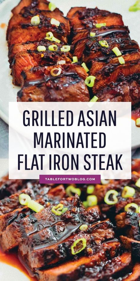 This grilled Asian marinated flat iron steak is a quick weeknight meal when you're looking to change up traditional grilled steak! #grilling #steak #flatironsteak #asianmarinade Grilled Flat Iron Steak, Flat Iron Steak Recipes, Grilling Steak, Asian Marinade, Outdoor Griddle, Steak Grilled, Jerk Marinade, Blackstone Recipes, Blackstone Grill