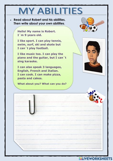 Abilities online worksheet for grade 3. You can do the exercises online or download the worksheet as pdf. English Primary School, Writing Editing, English For Beginners, Esl Lessons, Essay Writing Help, A Worksheet, Writing Exercises, Editing Writing, English Lessons For Kids