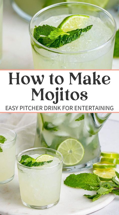 Knowing how to make mojitos is a must if you're planning any summertime parties or cookouts. Made with mint, fresh lime juice, and club soda, crisp and refreshing mojitos are perfect for warm weather activities. Whether you make mojitos by the glass or mojitos by the pitcher, the recipe is super easy, and you can make them as strong or as weak as you like - or leave out the alcohol completely for the mocktail drinkers in your group! Mojito Appetizer Pairing, How To Make A Mojito Drink, Mojitos By The Pitcher, How To Make Mojitos, Easy Mojito, Mojito Recipe Pitcher, Mojito Pitcher, Best Mojito Recipe, Easy Mojito Recipe