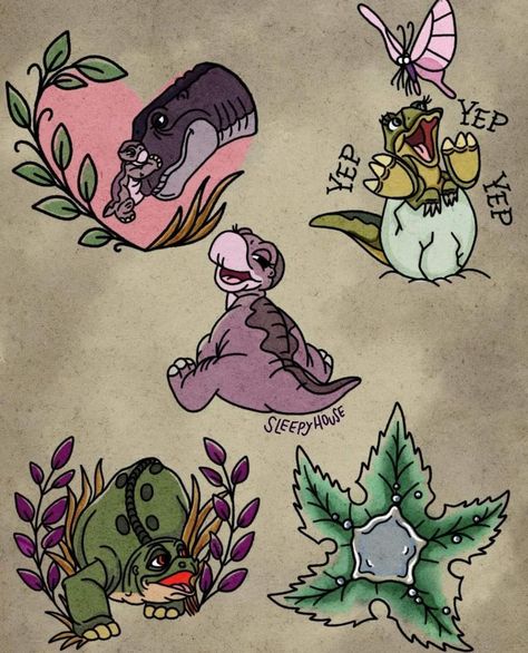 Land Before Time Tattoo, Little Foot Tattoos, Traditional Flash Sheet, Time Tattoo Ideas, Jurassic Park Tattoo, Dark Disney Tattoo, Mama Tattoo, The Land Before Time, Trippy Aesthetic