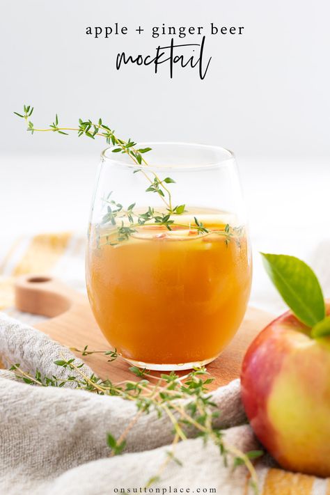 Treat your taste buds to a zesty apple + ginger beer mocktail. Made with crisp apple juice and ginger beer, this mocktail is bursting with flavor, and is perfect for both kids and adults. Mocktail With Apple Juice, Ginger Beer Mock Tail, Apple Ginger Mocktail, Apple Juice Mocktail Recipe, Mocktail With Ginger Beer, Ginger Beer Mocktail Non Alcoholic, Ginger Beer Mocktail Recipe, Fall Mocktail Recipe, Ginger Mocktail