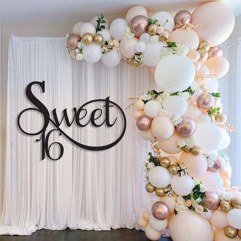 Intimate Sweet 16 Party, Sweet 16 Birthday Decorations Ideas, Birthday Hanging Decorations, Sweet 16 Wooden Sign, Cricut Sweet 16 Ideas, Quince Backyard Party, Sweet 16 Neutral Theme, Sweet 16 Party Table Decorations, Dance Sweet 16