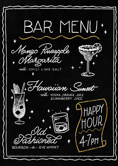 Create Your Own Chalkboard Cocktail Menu | Skillshare Student Project Cocktail Chalkboard Sign, Chalk Drink Menu Board Ideas, Chalkboard Drink Menu Board, Drink Menu Board Design, Chalkboard Menu Art, Cocktail Chalkboard Art, Menu Chalkboard Art, Specials Board Restaurant, Drinks Menu Board