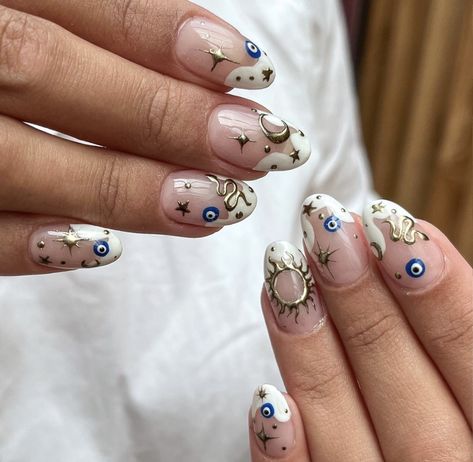 Evil Eye Nail Designs, Clay Nails, Evil Eye Nail, Evil Eye Nails, Witchy Nails, Matte Black Nails, Hippie Nails, Summery Nails, Animal Print Nails