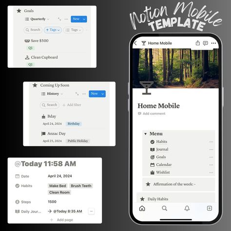 simple notion template Notion Mobile Template, Notion Journaling, Notion Phone, Notion Mobile, Casa Minecraft, Life Planner Notion, Notion Life Planner, Life Planner Organization, Notion Dashboard