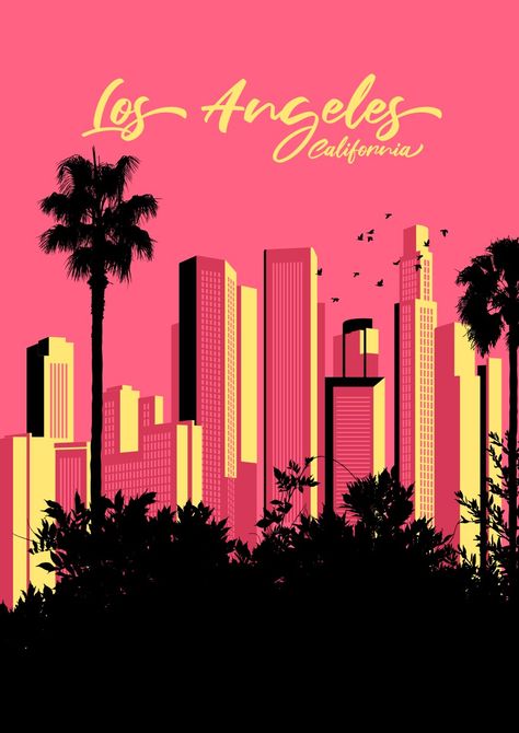 80s-inspired Los Angeles poster. Cool wall art. 80s Inspired Art, Los Angeles Artwork, Los Angeles Drawing, Los Angeles Illustration, Los Angeles Painting, Lv Trunk, Voyage Sketchbook, La Marathon, Los Angeles Wallpaper