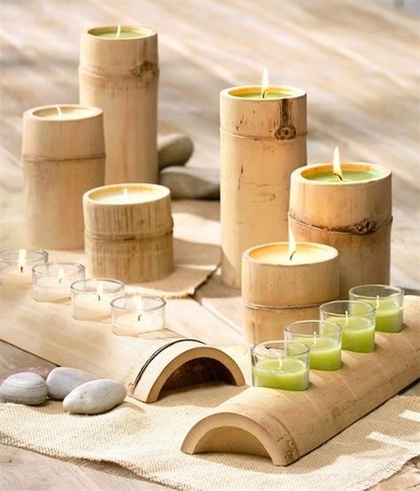 Wooden Handicrafts Decor, Guadua Ideas, Bamboo Centerpieces, Bamboo Candle Holder, Bamboo Furniture Diy, Intarsia Wood Patterns, Bamboo Candle, Handmade Candles Diy, Bamboo Diy