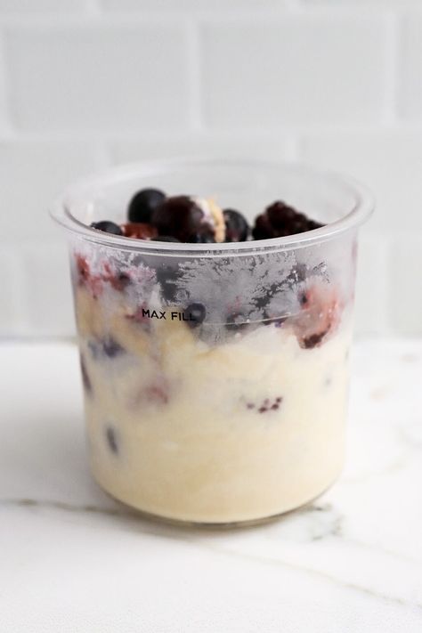 Front facing view of ninja creami pint with berries and protein powder. Ninja Cream Smoothie Bowl, Smoothie Bowl Ninja Creami Recipes, Ninja Creami Breakfast Recipes, Smoothie Bowl Ninja Creami, Ninja Creami Acai Bowl Recipe, Ninja Creami Smoothie Bowl Recipe, Ninja Creami Smoothie Bowls, Strawberry Smoothie Bowl, Acai Bowls Recipe