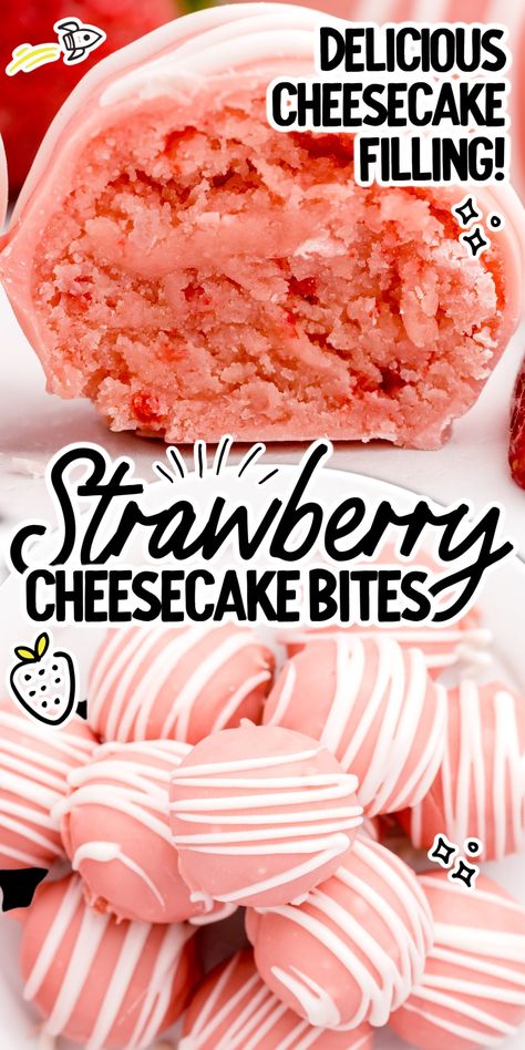 Strawberry Wafer Cookie Dessert, Strawberry Cakepop Recipes, Strawberry Shortcake Balls, Strawberry Shortcake Truffles, Strawberry Cheesecake Bites Recipe, Mini Strawberry Cheesecake, Easy Strawberry Cheesecake, Cheesecake Balls, Strawberry Cheesecake Bites