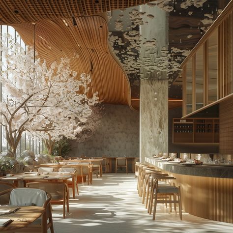 Zen suite meets summer vibes—self care spa day when? 🧘‍♀️🌱 - Eco-Friendly Japandi Style Hotel featuring Organic Architecture and Natural Materials located in the Heart of the Botanical Gardens. Inspired by Kengo Kuma 🎋 - #spadayeveryday #dreamhotel #earthyvibes #selfcaredays #kengokuma #japandidesign #hotelgoals #Organicarchitecture #luxuryspa #selfcareishealthcare #hotelliving #botanicalgarden Organic Architecture Restaurant, Japandi Restaurant Interior, Japandi Spa, Natural Materials Interior Design, Japandi Restaurant, Eco Restaurant, Self Care Spa Day, Zen Restaurant, Zen Cafe