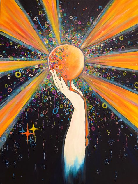 Purple And Orange Painting Ideas, Spiritual Sun Art, Orange Moon Painting, Beta Club, Spark Art, Light Bulb Art, Sun Drawing, Sun Painting, Painting Colors