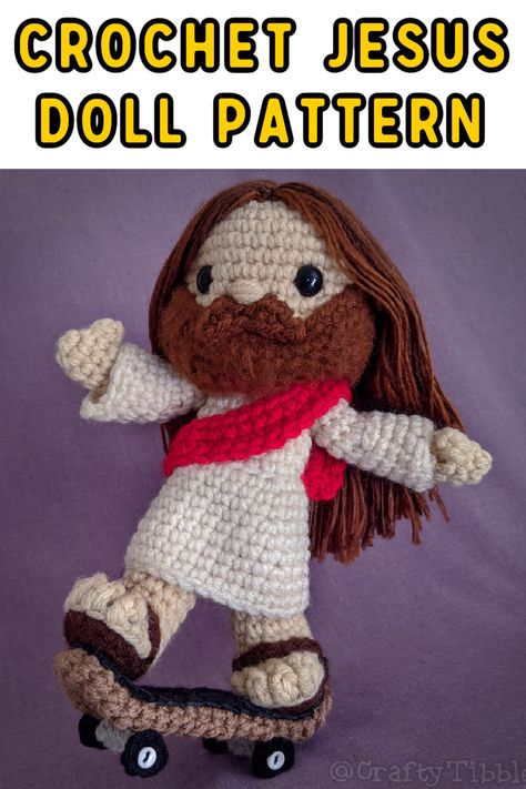 Crochet Jesus Doll Pattern - You can crochet a Jesus doll pattern as a gift idea for Easter! The perfect project to start small if you're a beginner, this easy crochet pattern will have you crocheting like a pro! And who can say no to this cute Jesus that's riding a skateboard anyway? Crochet Human Doll Free Pattern, Jesus Crochet Free Pattern, Christian Crochet Patterns, Christian Crochet Patterns Free, Stranger Things Crochet Pattern Free, Crochet Christian, Doll Crochet Pattern Free, Small Crochet Patterns, Crochet Jesus