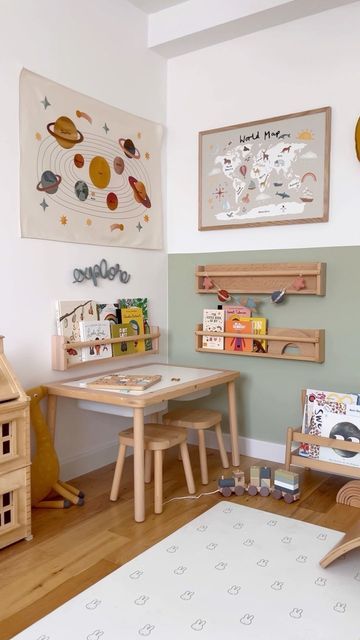 Small Boys Playroom Ideas, Natural Playroom Ideas, Aesthetically Pleasing Playroom, Small Bedroom Playroom, Playing Corner In Living Room, Play Room Boys Kids, Colorful Playroom Walls, Nursery Play Corner, Green Playroom Ideas