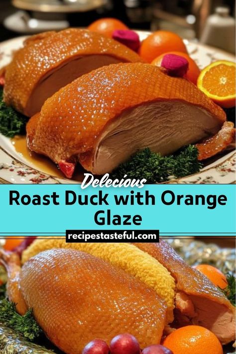 Roast Duck with Orange Glaze is a succulent and elegant dish featuring crispy-skinned duck coated in a tangy and sweet orange glaze. Perfect for special occasions or a luxurious family dinner, this recipe combines rich flavors with a visually stunning presentation. Duck A La Orange Recipe, Duck Ala Orange Recipe, Duck A L'orange Recipe, Roast Duck Recipes, Duck Recipes Whole, Roasted Duck Recipes, Orange Duck, Holiday Recipies, Crispy Duck