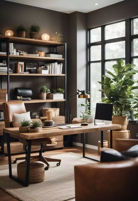 Modern Rustic Home Office Masculine Office Furniture, Modern Farm Office, Home Office For Clients, Male Home Office Decor, Industrial Home Office Decor, Man’s Home Office, Modern Rustic Office Design, Office Ideas Masculine, Home Office Ideas Masculine