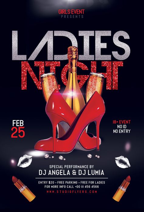 Download Ladies Night Flyer Template in PSD format.This freebie flyer is suitable for any ladies night, dj, clubnight, music, event, party and more.  #flyer #flyers #template Ladies Night Out, Ladies Night Poster, Ladies Night Ideas, Ladies Night Flyer, Royal Background, Ladies Night Party, Flyers Template, Dj Flyer, Free Psd Flyer Templates