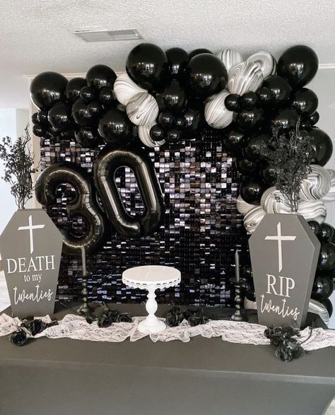 Rip To My 20s Party Decor Diy, Rip To My 20s Party Backdrop, Rip To My 20s Party Desserts, Rip Themed Party, Rip 30s Birthday Party Ideas, Black Out 30th Birthday, Rip 20s Decorations, Rip 30th Birthday Party, Rip Bday Party