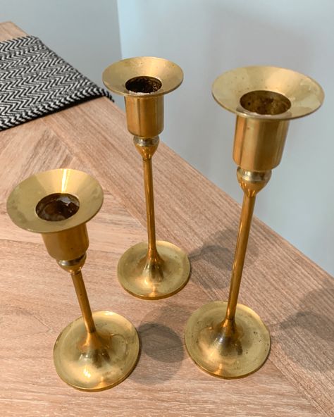 Decorating With Candlesticks, Brass Candlesticks Decor, Candle Stick Decor Ideas, Painted Candle Stick Holders, Candlestick Makeover, Candle Holder Makeover, Thrift Store Lamp Makeover, Copper Candlesticks, Recycle Candles