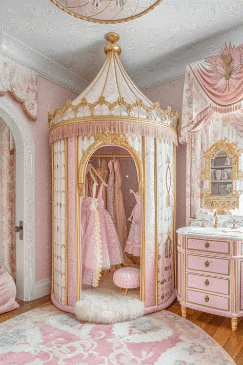 Princess Bedrooms Ideas, Pink Bedroom Furniture Ideas, Cute Bedroom Decor Pink, Gold Room Ideas Bedrooms, Princess Room Ideas Kids, Small Princess Room, Princess Playroom Ideas, Pink Wardrobe Design, Fairytale Bedroom Kids