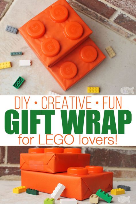 Surprise a LEGO lover with this creative gift wrapping idea and gift ideas for LEGO lovers | LEGO fan | LEGO brick | LEGO wrapping paper | LEGO gift wrap | unique gift wrap | birthday gift wrap | how to wrap gifts | wrapping presents | LEGO birthday | LEGO cards | LEGO gift bag | LEGO gift ideas | Personalized Minifigures | birthdays for boys #lego #wrappinggifts #birthdaysforkids Diy Lego Gifts For Adults, Cool Wrapping Ideas Birthday, Lego Themed Gift Basket, Lego Wrapping Paper, Themed Gift Wrapping Ideas, Unique Gift Bag Ideas, Lego Gift Wrapping Ideas, Legoland Gift Ideas, Lego Gift Basket Ideas