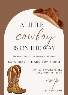 Cowboy Baby Shower Invitation - Templates by Canva Cowboy Baby Shower Invitations, Country Baby Shower, Boy Shower Invitations, Cowboy Baby Shower, Custom Baby Shower Invitations, Western Baby, Cowboy Baby, Western Babies, Little Cowboy