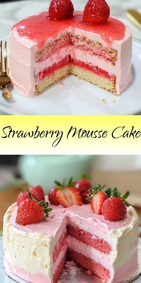 Strawberry Mousse Cake with a Twist - A Sweet and Tangy Delight! Pinterest Description: Indulge in the vibrant flavors of a classic Strawberry Mousse Cake with a twist! This delightful dessert features layers of light sponge cake filled with luscious strawberry mousse and topped with fresh berries. Perfect for any occasion, this cake is a sweet-tart treat that will satisfy your cravings. #StrawberryMousseCake #BakingFun #SweetTreats #DessertRecipe #FreshStrawberries #HomemadeCakes Strawberry Cake Trifle, Strawberry Mouse Desserts, Strawberry Opera Cake, Strawberry Moist Cake, Mousse Cake Filling Recipes, Strawberry Mousse Cake Filling, Vanilla Mousse Cake, Moose Dessert, Strawberry Charlotte Cake