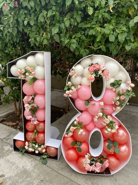 18th Birthday Backdrop Ideas Diy, Debut Decorations 18th Diy Pink, Diy Birthday Number Decorations, 18th Birthday Set Up Party Ideas, Mosaic Balloon Numbers, Foam Numbers Birthday Parties, Birthday Numbers Diy, Diy 18th Birthday Decorations, Foam Board Numbers